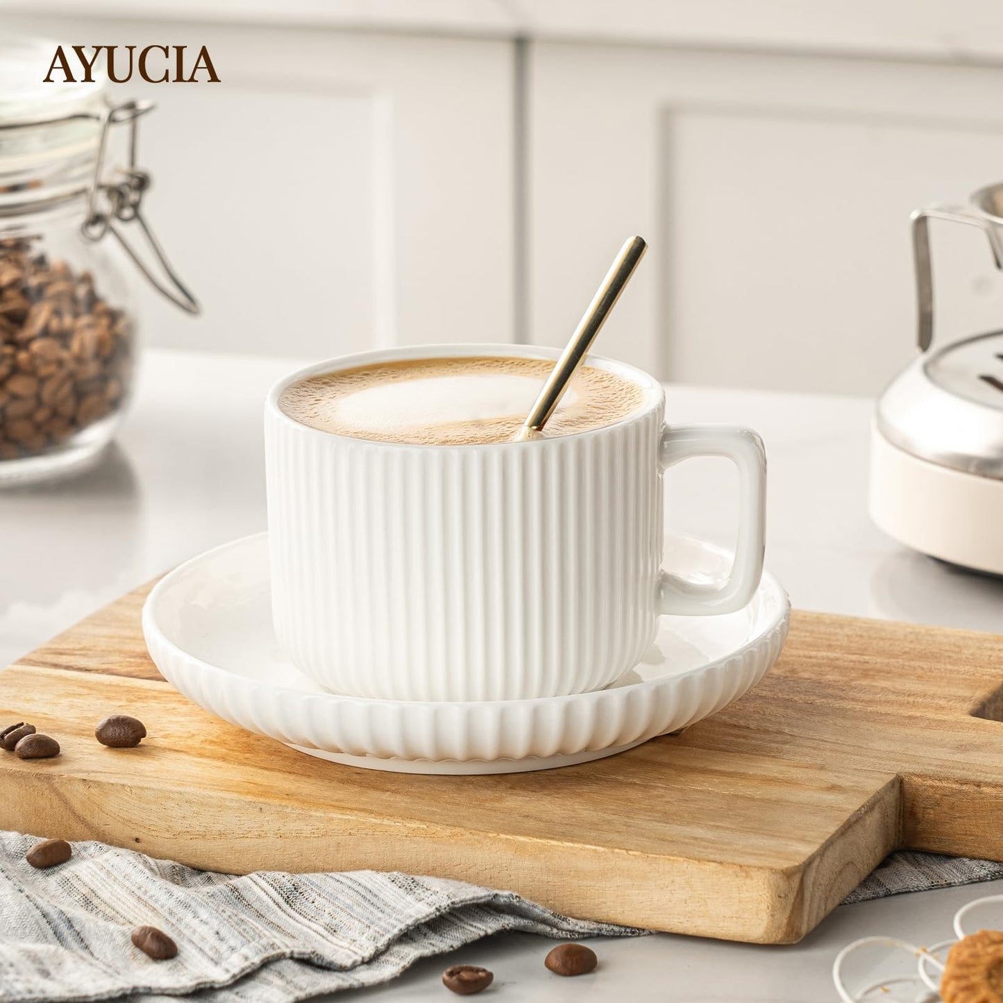 AYUCIA 8 Ounce Cappuccino Cups Set of 4, Latte Mugs with Saucers and Spoons, White Cream Ceramic Coffee Mugs Tea Cups for Cappuccino Latte Mocha Au Lait Macchiato Cafe