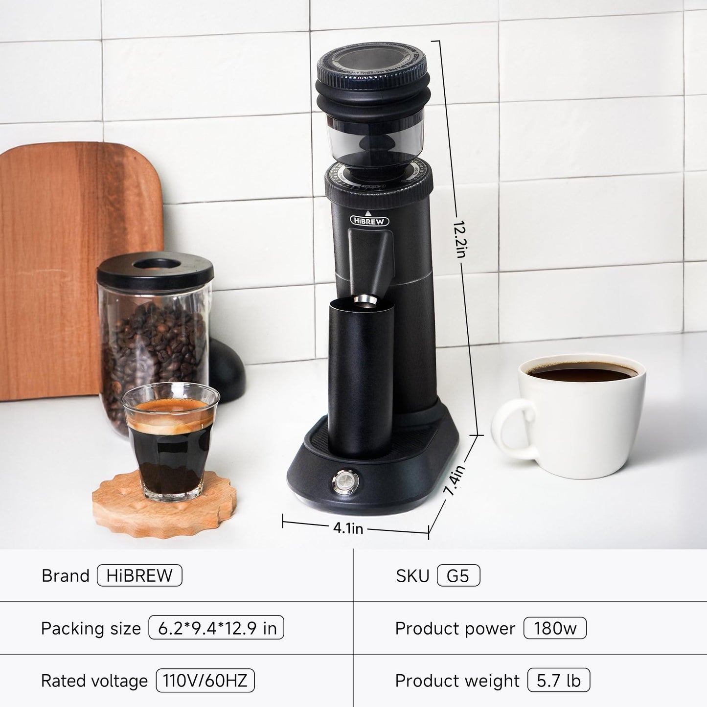 HIBREW G5 Coffee Grinder, Single Dose Burr Coffee Grinder, Electric Coffee Grinder with Magnetic Dosing Cup, Conical Coffee Bean Grinder with 36 Step Micro Grind Settings, Dual-Speed Adjustment, Black