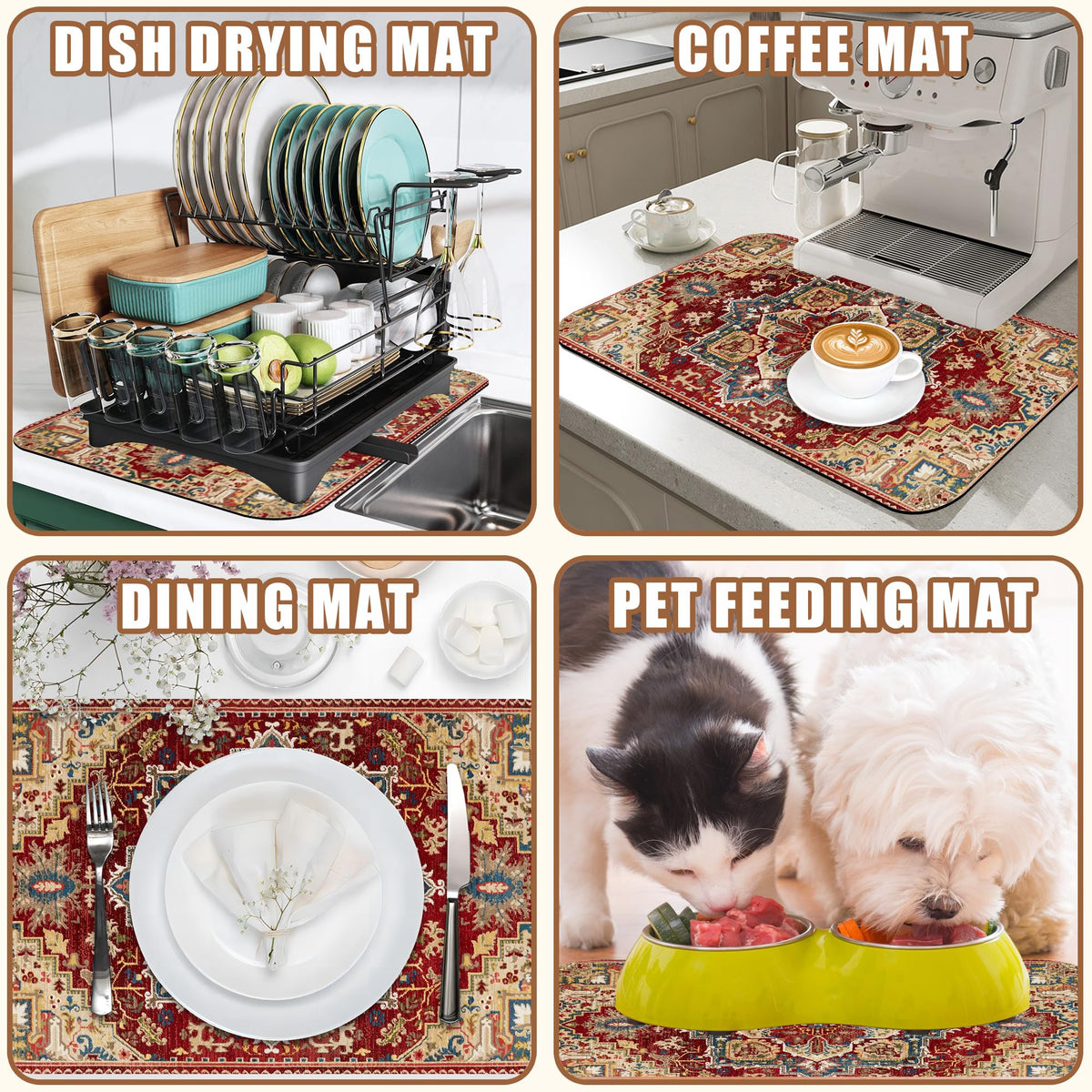 Boho Dish Drying Mat Persian Tribal Coffee Bar Mat for Countertop Absorbent Rubber Backed Hide Stain Dish Drainer Rack Pad Espresso Machine Coffee Pot Dining Room Decoration 15.7 x 23.6 Inch