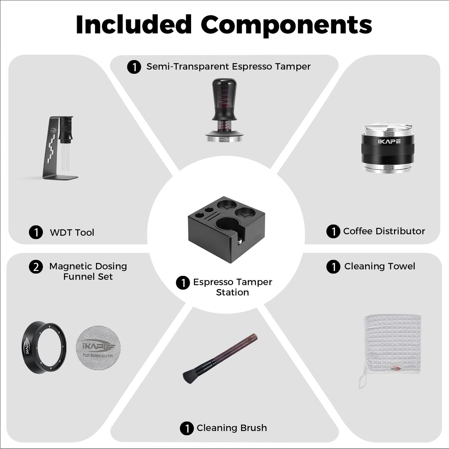 IKAPE 53MM Black Espresso Tool Set 8 IN 1, Coffee Tamper, Distributor, Magnetic Funnel, Puck Screen, Tamper Station, Stirrer Distribution Tool, Cleaning Towel and Brush