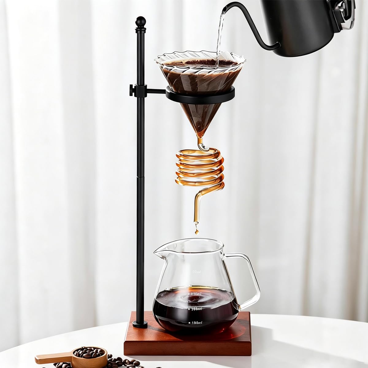 Bltnever Spiral Coffee Pour Over Set, Spiral Design Glass Coffee Dripper with Adjustable Stand and 40 Filters, Pour Over Coffee Kettle Set for Home Café Restaurant and Travel (Smooth,No Coffee Pot)