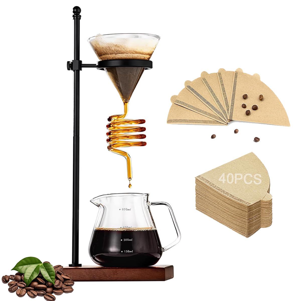 Bltnever Spiral Coffee Pour Over Set, Spiral Design Glass Coffee Dripper with Adjustable Stand and 40 Filters, Pour Over Coffee Kettle Set for Home Café Restaurant and Travel (Smooth,No Coffee Pot)