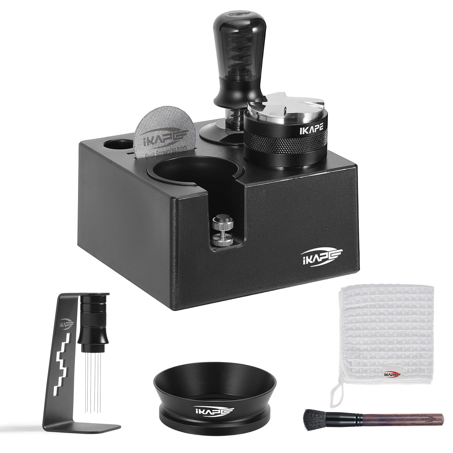 IKAPE 53MM Black Espresso Tool Set 8 IN 1, Coffee Tamper, Distributor, Magnetic Funnel, Puck Screen, Tamper Station, Stirrer Distribution Tool, Cleaning Towel and Brush