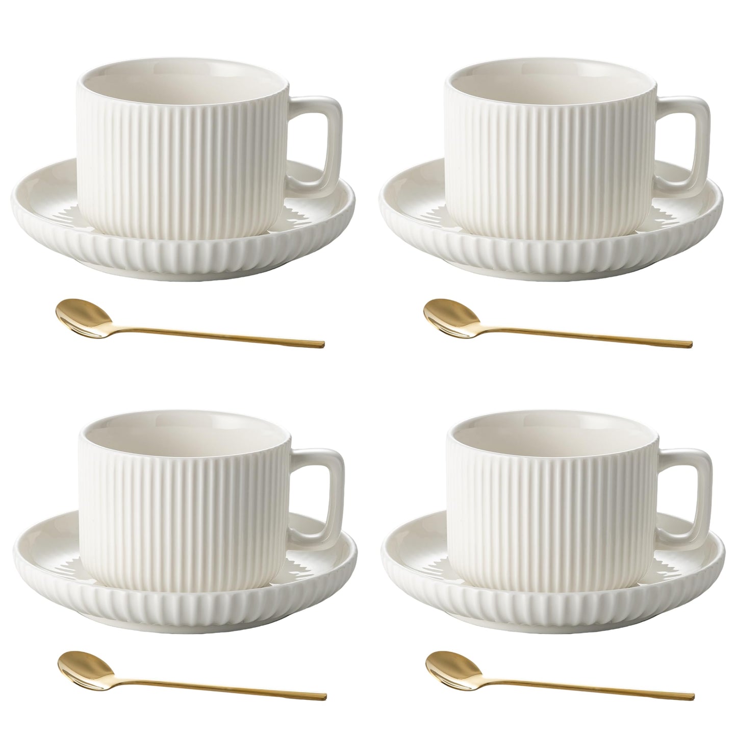 AYUCIA 8 Ounce Cappuccino Cups Set of 4, Latte Mugs with Saucers and Spoons, White Cream Ceramic Coffee Mugs Tea Cups for Cappuccino Latte Mocha Au Lait Macchiato Cafe