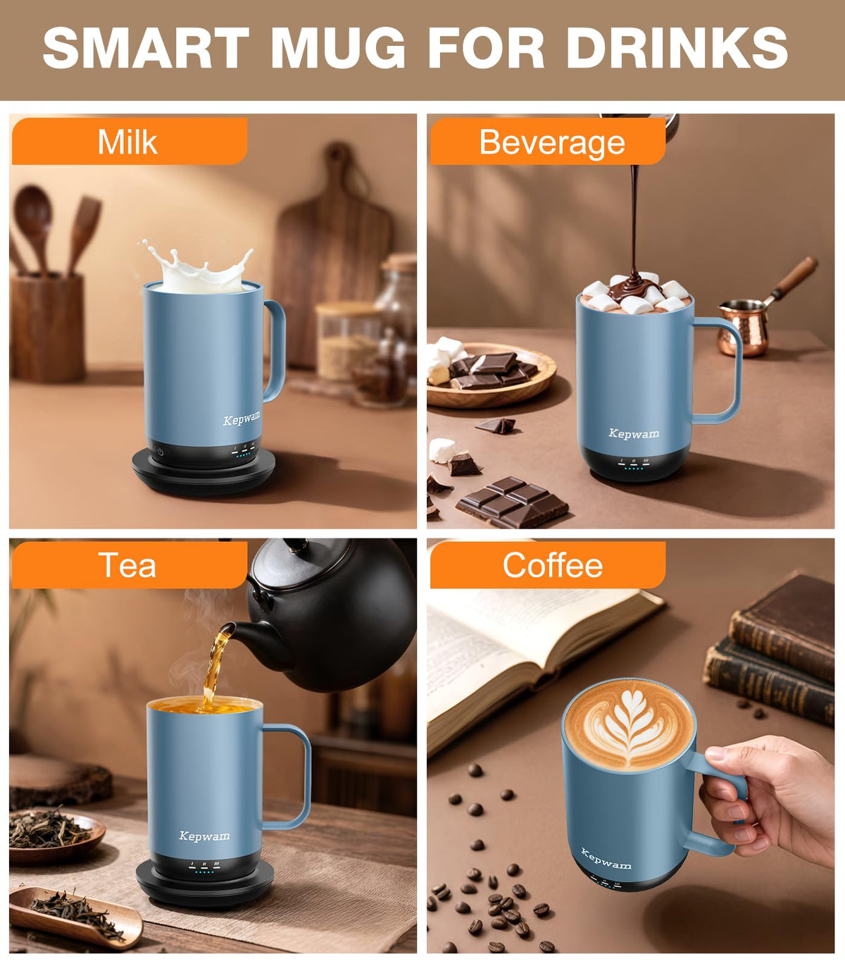 Kepwam Self-Heating Coffee Mug T1-16oz, Fast Heating Rechargeable Heated Coffee Mug, Smart Mug with App & Button Control, Ideal Gift for Coffee Lovers & Hot Drink Enthusiasts