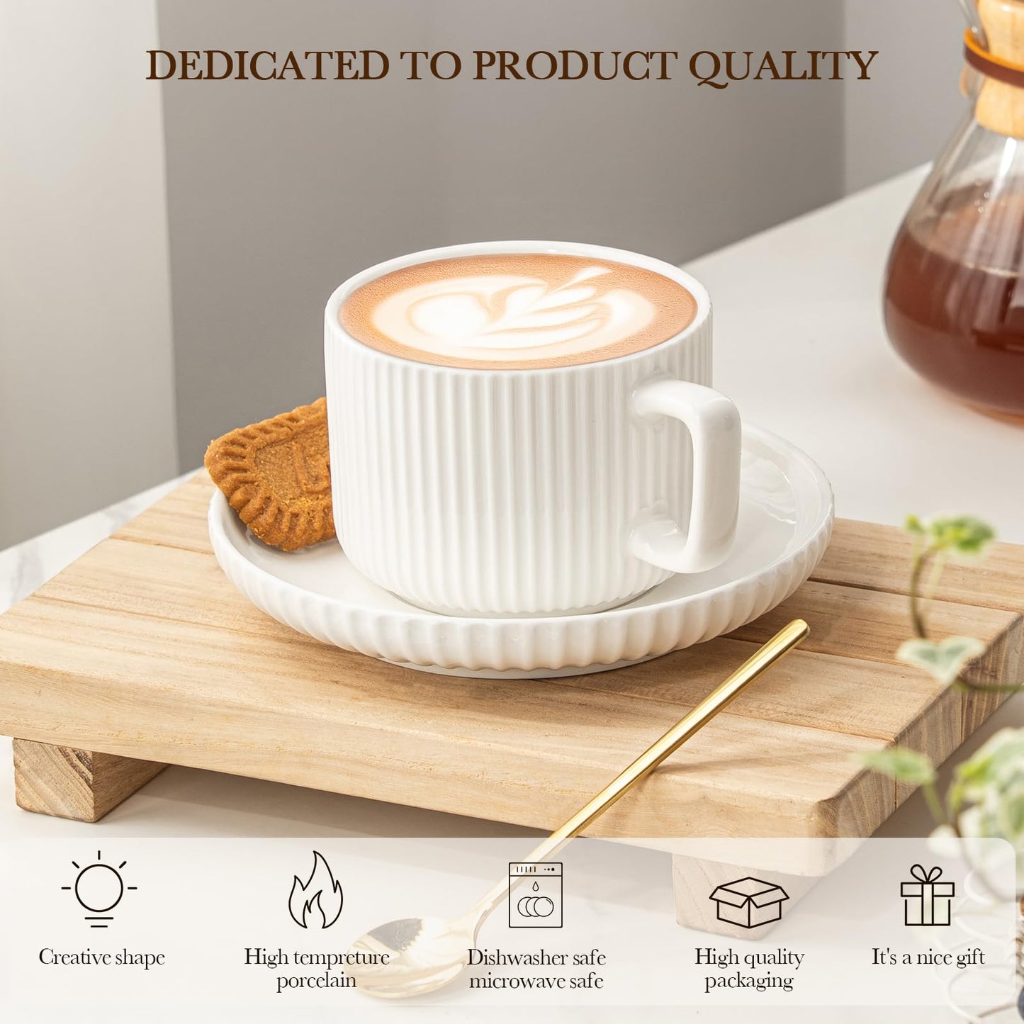 AYUCIA 8 Ounce Cappuccino Cups Set of 4, Latte Mugs with Saucers and Spoons, White Cream Ceramic Coffee Mugs Tea Cups for Cappuccino Latte Mocha Au Lait Macchiato Cafe