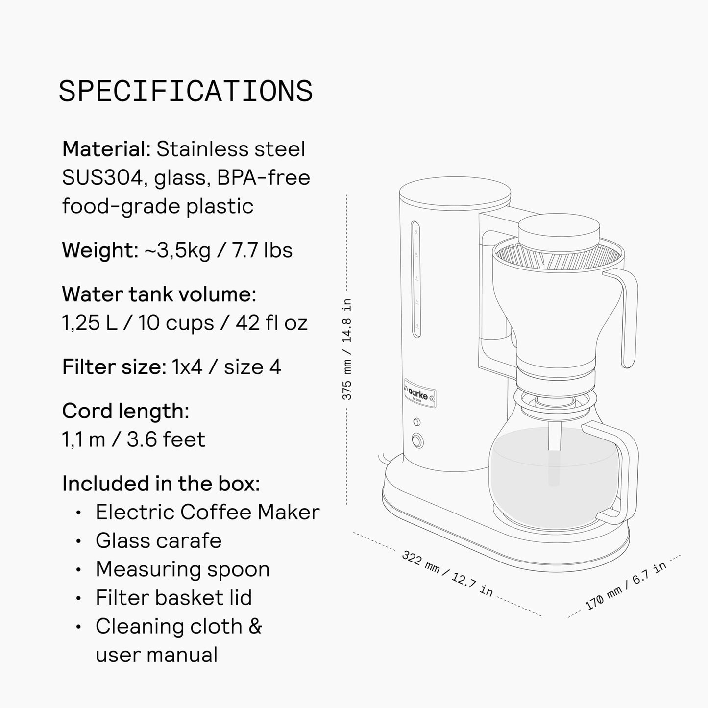aarke Drip Coffee Maker with 42oz Glass Carafe, Matte Black