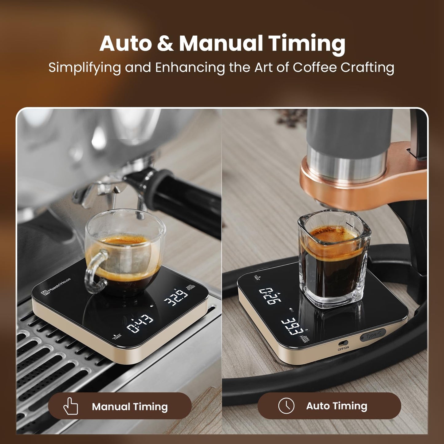 Maestri House S2 Espresso Coffee Scale with Timer, USB-C Rechargeable 2kg/0.1g Precision Shot Scale, Digital Scale for Espresso Brewing(Black & Gold)