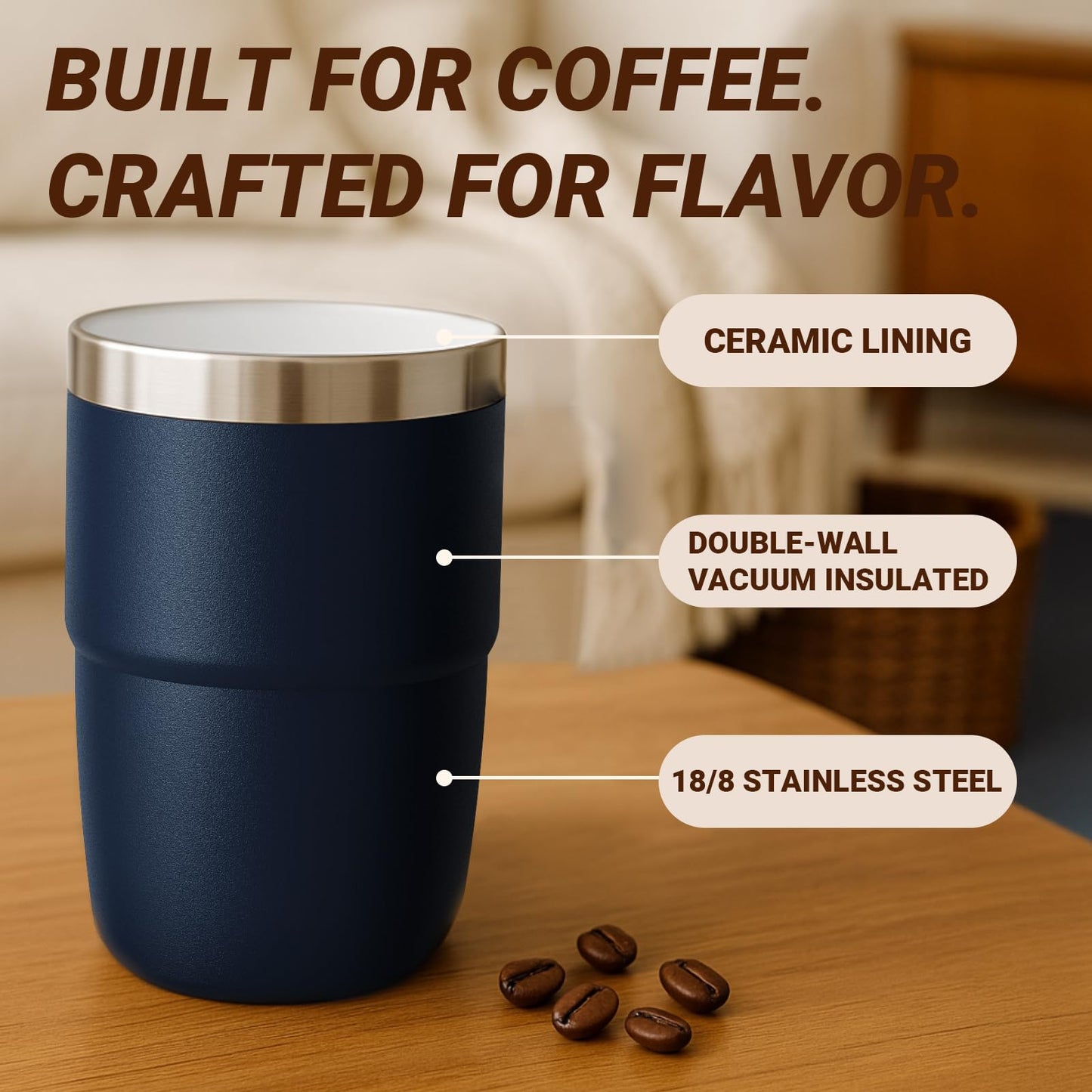 Cafezi 8 oz Small Coffee Cup with Magnetic Lid, Ceramic-Lining