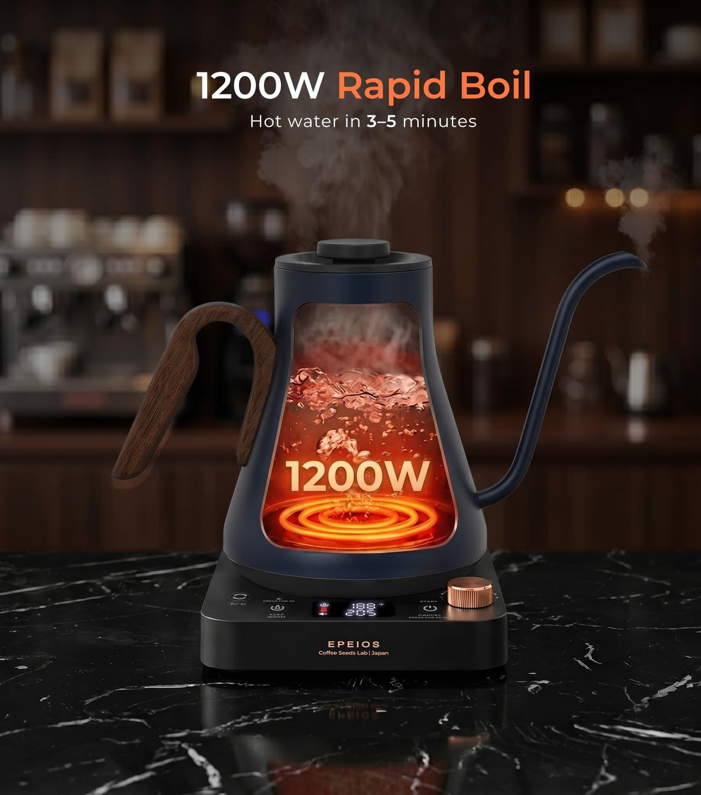 Epeios Electric Kettle, Gooseneck Electric Kettle with ±1°F Temperature Control, 1200W Rapid Heating for Pour Over Coffee & Tea, 304 Stainless Steel Interior, Auto Shut-Off, 0.9L, Blue