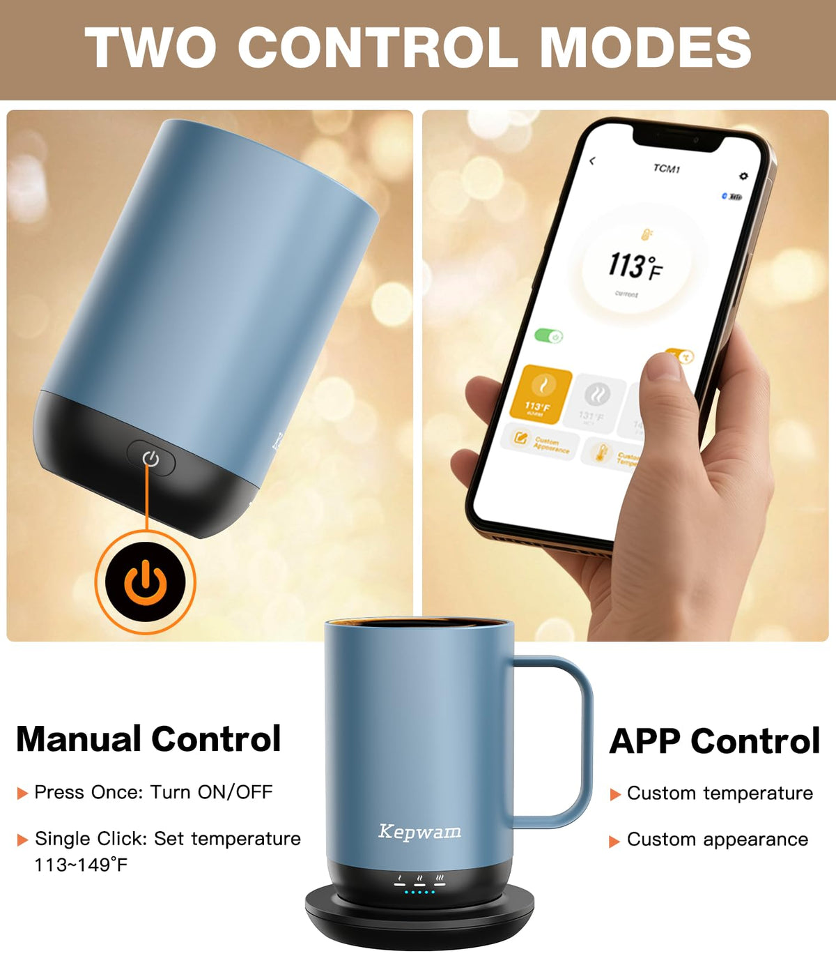 Kepwam Self-Heating Coffee Mug T1-16oz, Fast Heating Rechargeable Heated Coffee Mug, Smart Mug with App & Button Control, Ideal Gift for Coffee Lovers & Hot Drink Enthusiasts