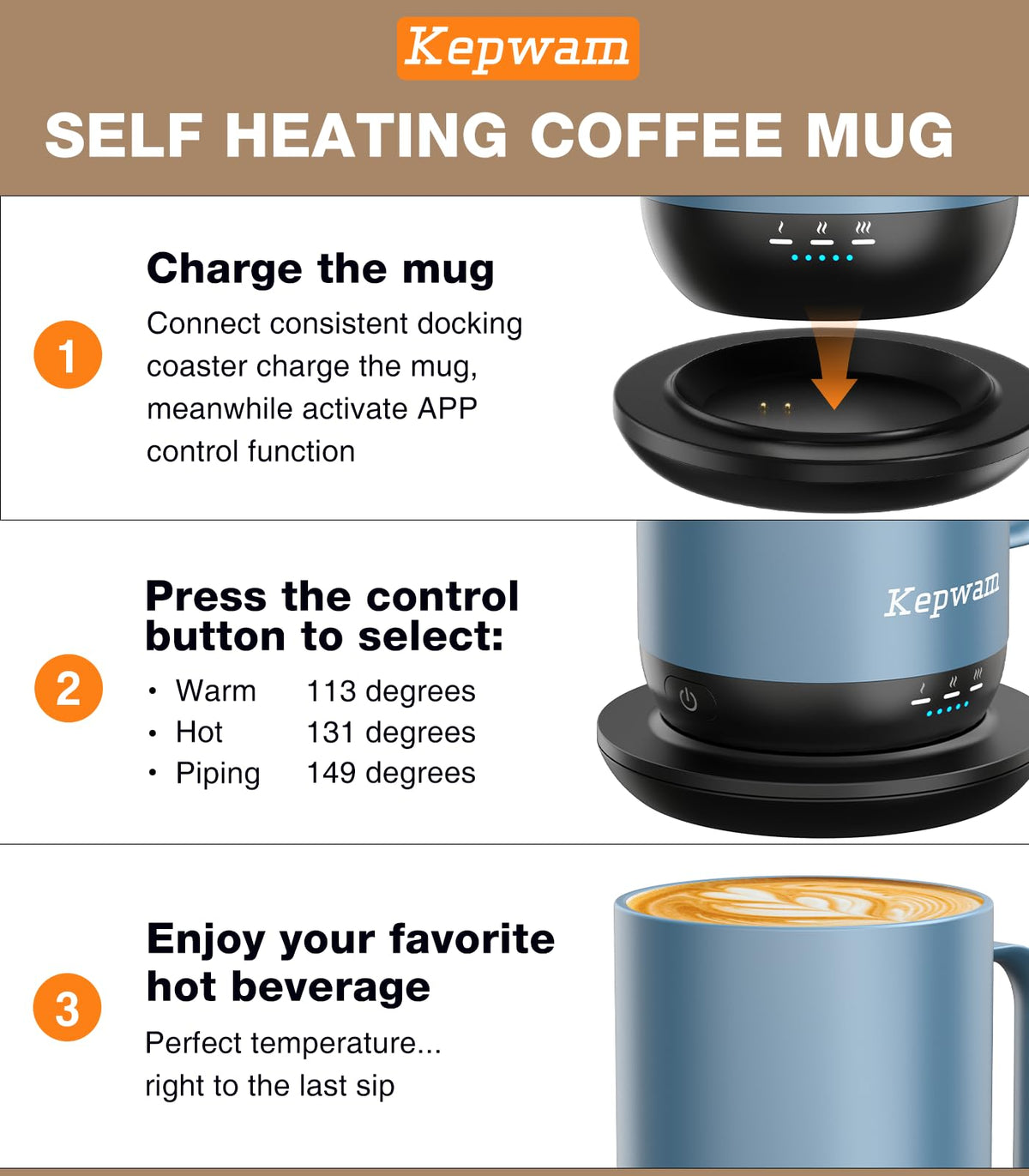 Kepwam Self-Heating Coffee Mug T1-16oz, Fast Heating Rechargeable Heated Coffee Mug, Smart Mug with App & Button Control, Ideal Gift for Coffee Lovers & Hot Drink Enthusiasts