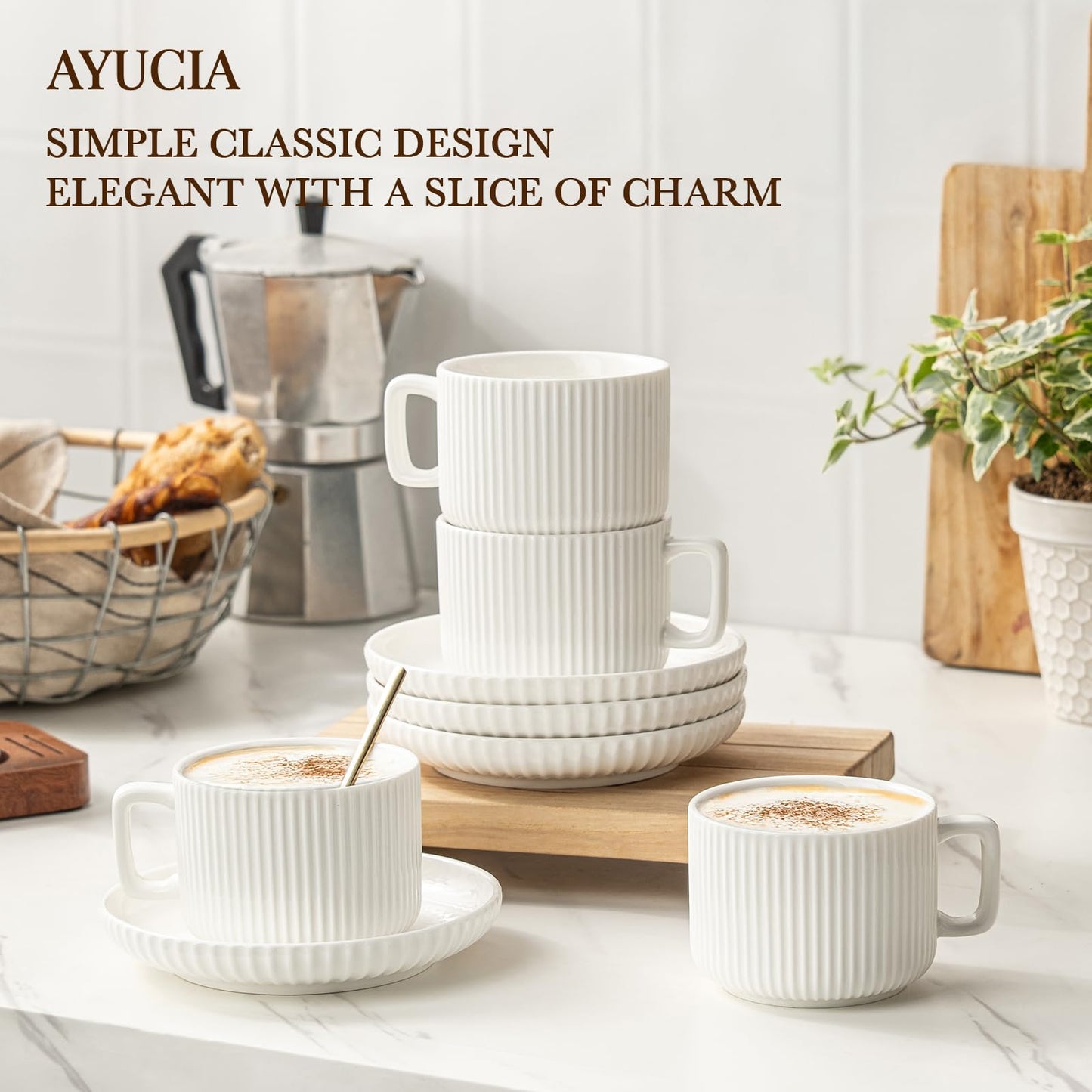 AYUCIA 8 Ounce Cappuccino Cups Set of 4, Latte Mugs with Saucers and Spoons, White Cream Ceramic Coffee Mugs Tea Cups for Cappuccino Latte Mocha Au Lait Macchiato Cafe