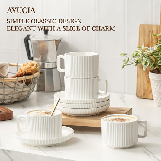 AYUCIA 8 Ounce Cappuccino Cups Set of 4, Latte Mugs with Saucers and Spoons, White Cream Ceramic Coffee Mugs Tea Cups for Cappuccino Latte Mocha Au Lait Macchiato Cafe