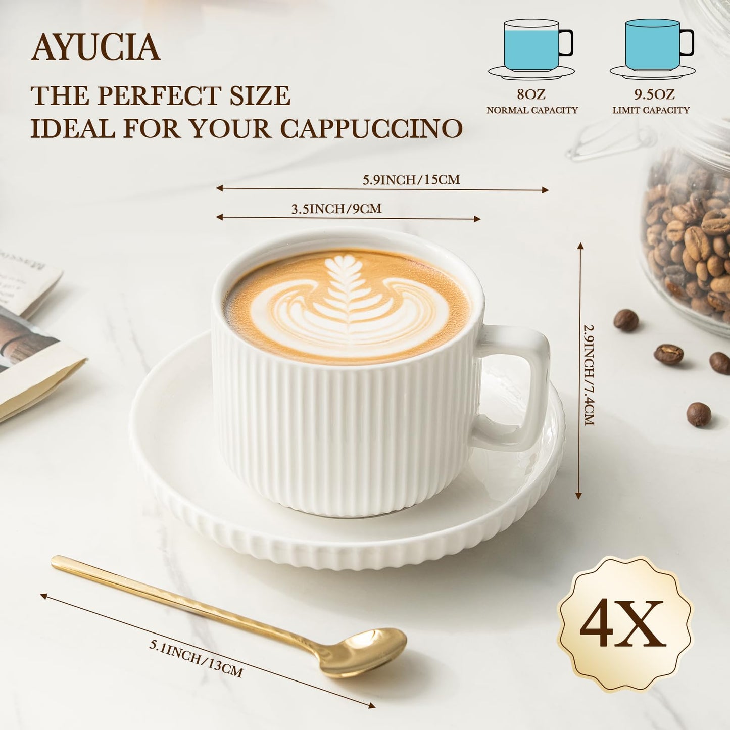 AYUCIA 8 Ounce Cappuccino Cups Set of 4, Latte Mugs with Saucers and Spoons, White Cream Ceramic Coffee Mugs Tea Cups for Cappuccino Latte Mocha Au Lait Macchiato Cafe