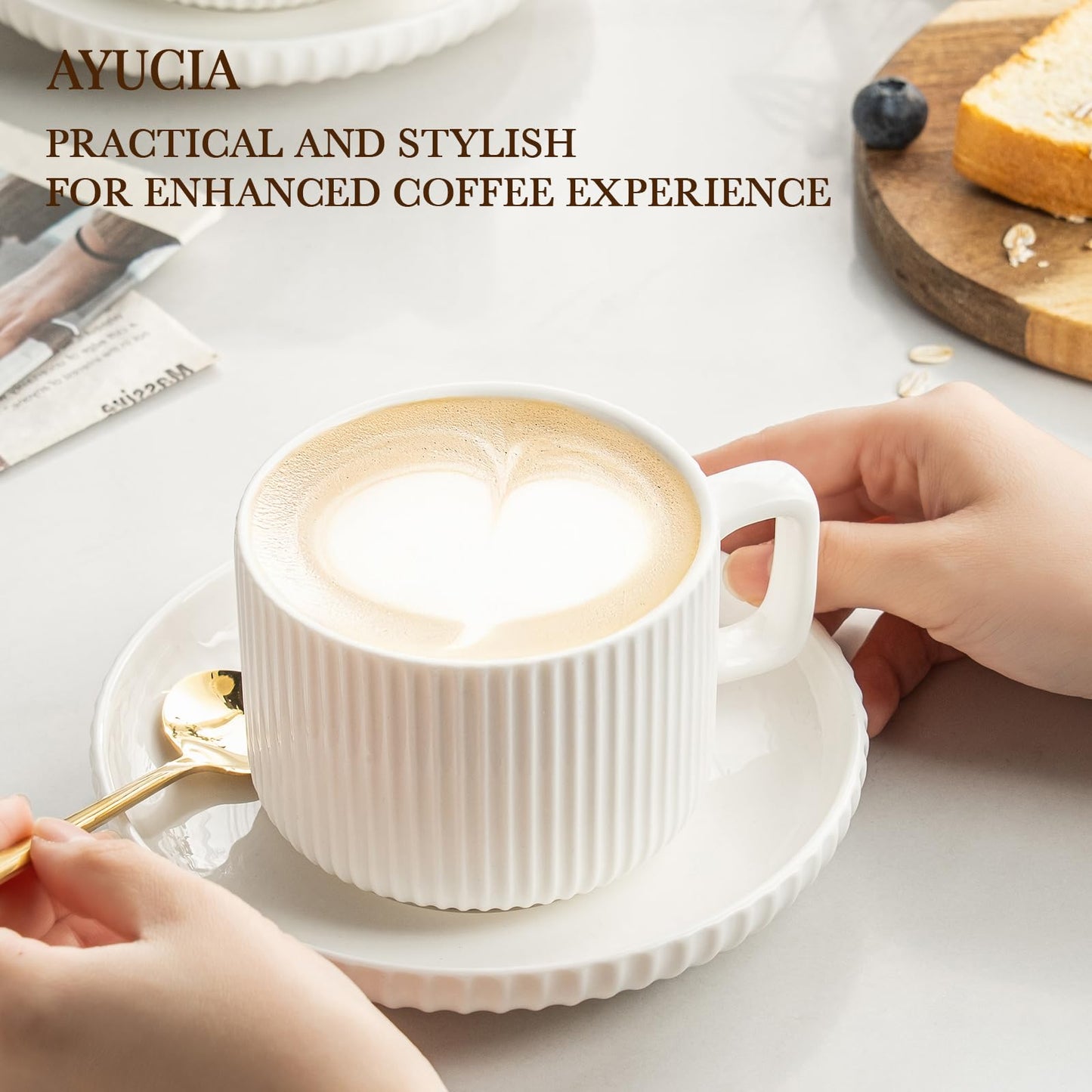AYUCIA 8 Ounce Cappuccino Cups Set of 4, Latte Mugs with Saucers and Spoons, White Cream Ceramic Coffee Mugs Tea Cups for Cappuccino Latte Mocha Au Lait Macchiato Cafe