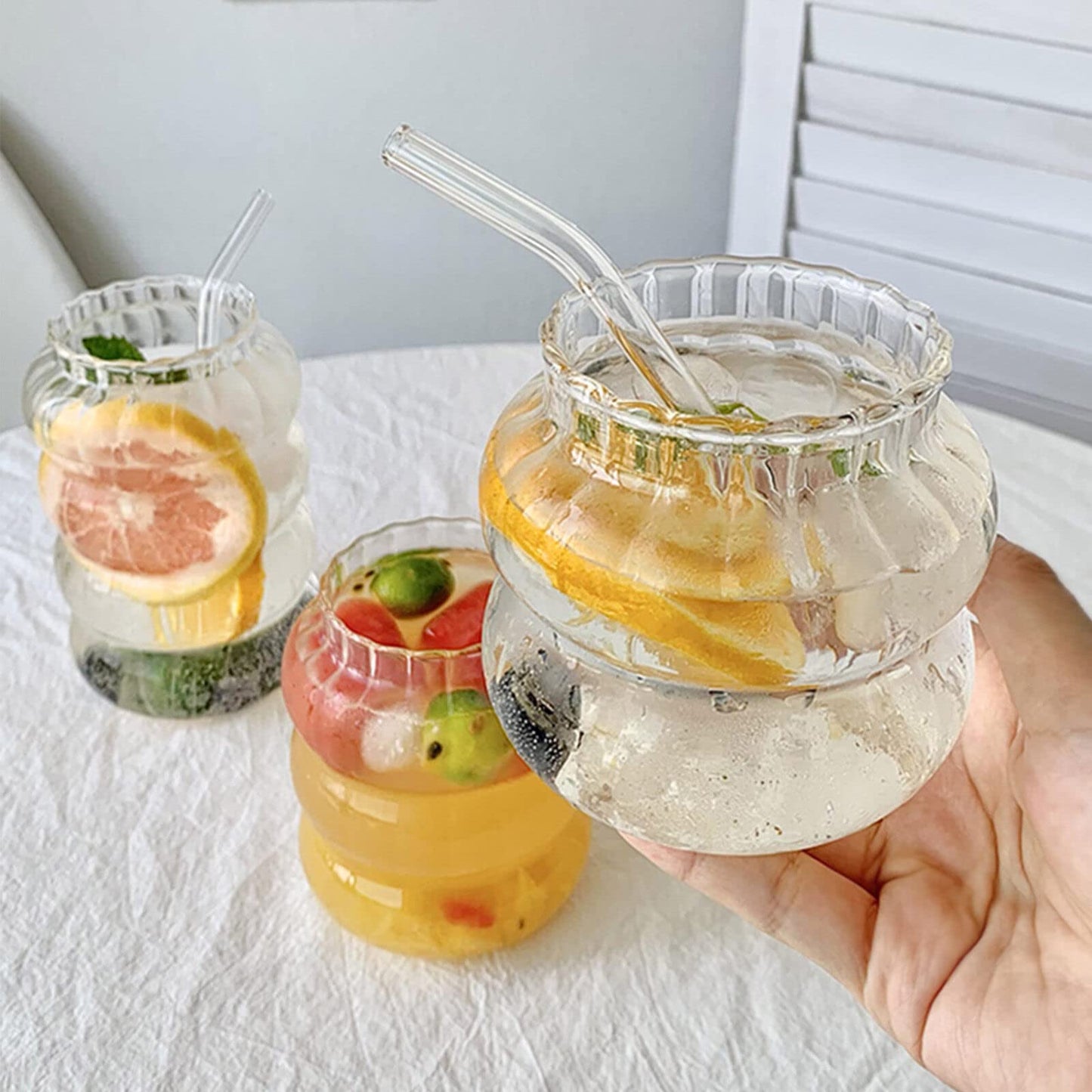 MANMAOHE 14 Oz Ribbed Glass Cups Set of 2 Creative Wavy Drinking Glasses Vintage Ribbed Glassware Vintage Ripple Drinking Glasses for Coffee Cocktail Juice Water Soda Tea